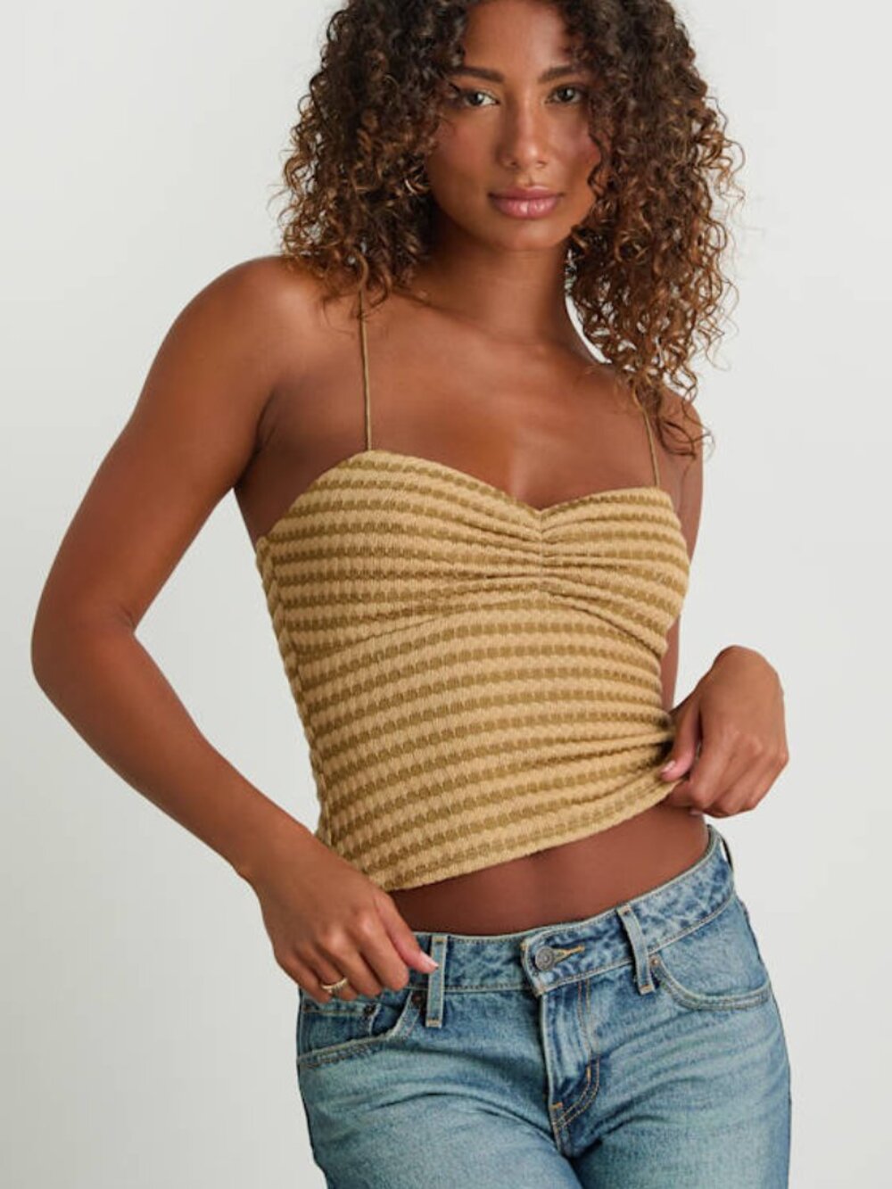 Lulus Jimena Light Brown Striped Knit Ruched Cami Top - Size M